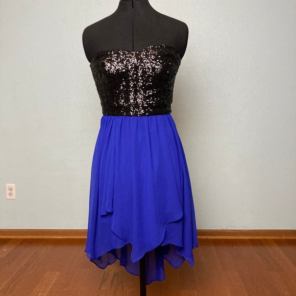 7 8 B. Darlin Black Blue sequin handkerchief midi dress Strapless prom formal - Picture 1 of 7